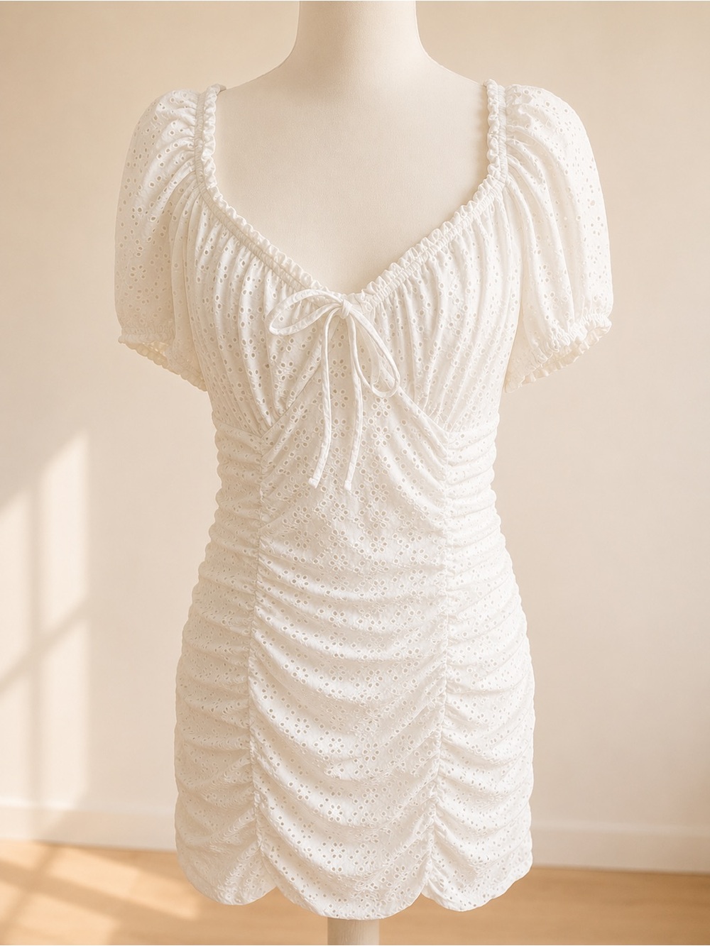 H&M White Eyelet Ruched Mini Dress Puff Sleeve Size L NWT